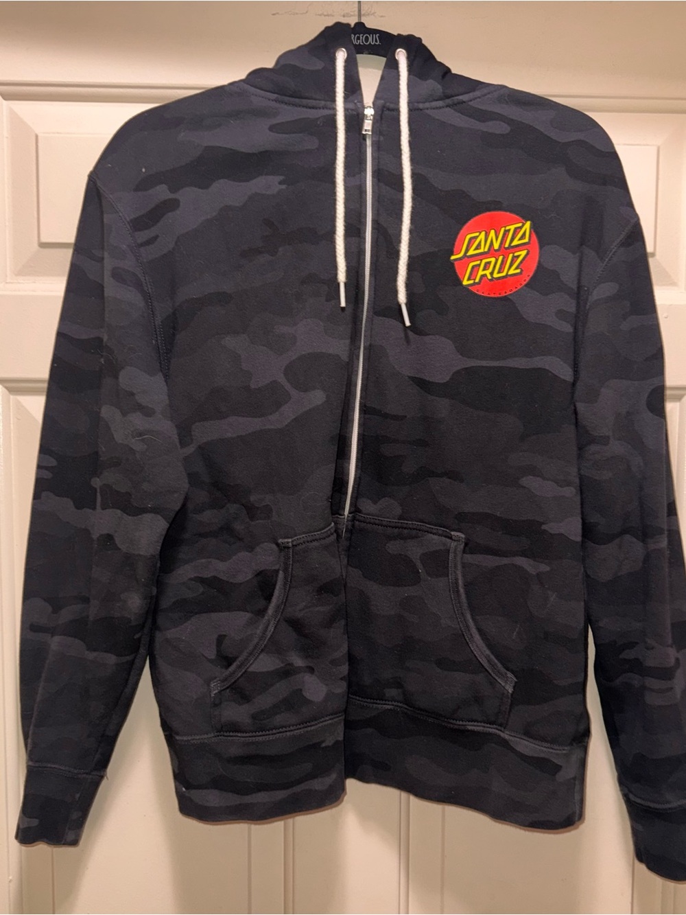 Santa Cruz Skateboards Men's Black Camo Zip Hoodie with Red and Yellow Logo